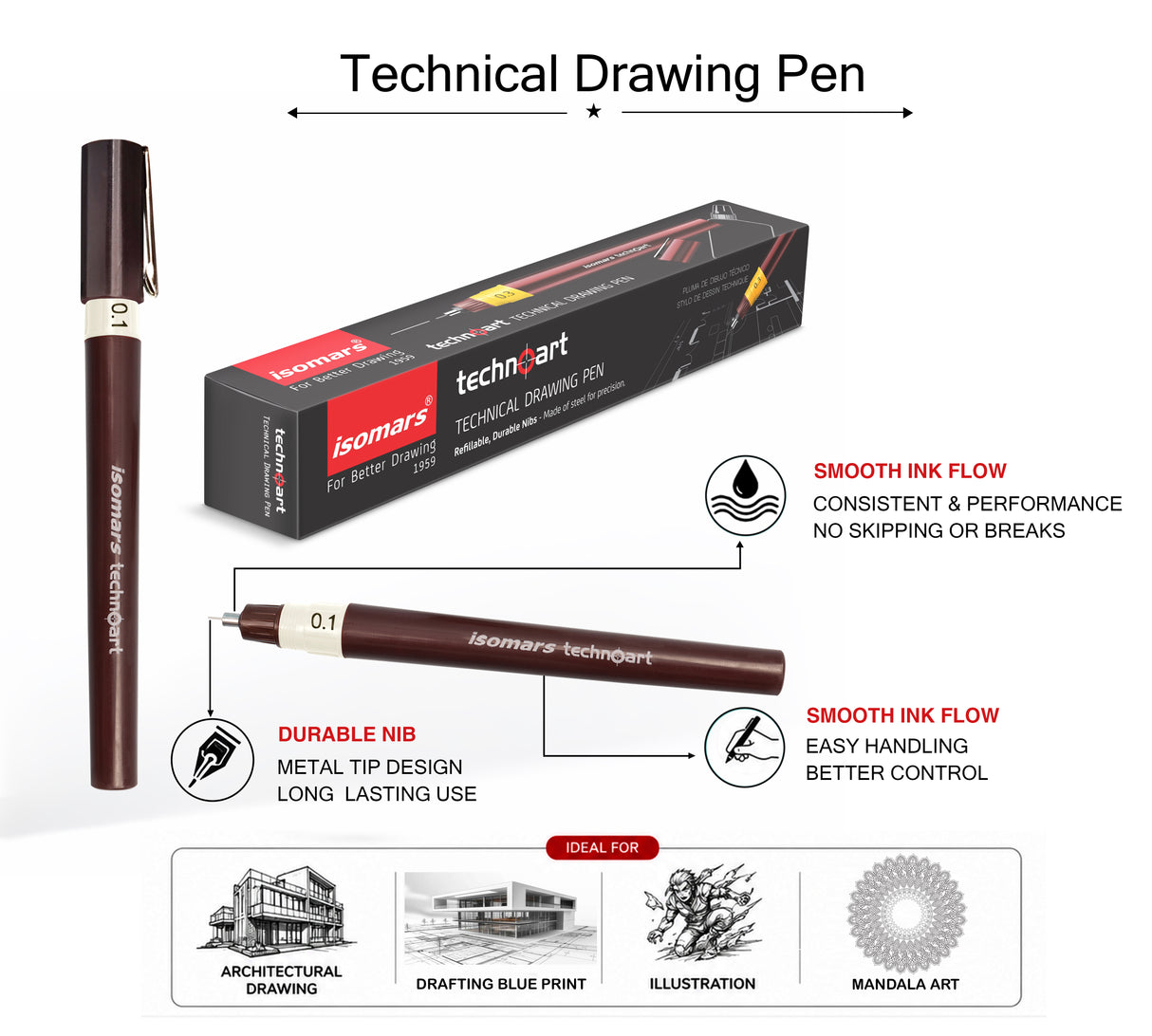 Isomars Technoart Fineliner Pen 0.1mm with Waterproof Black Ink Set