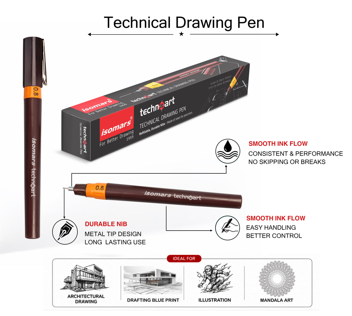 Isomars Technoart Fineliner Pen 0.8mm with Waterproof Black Ink Set