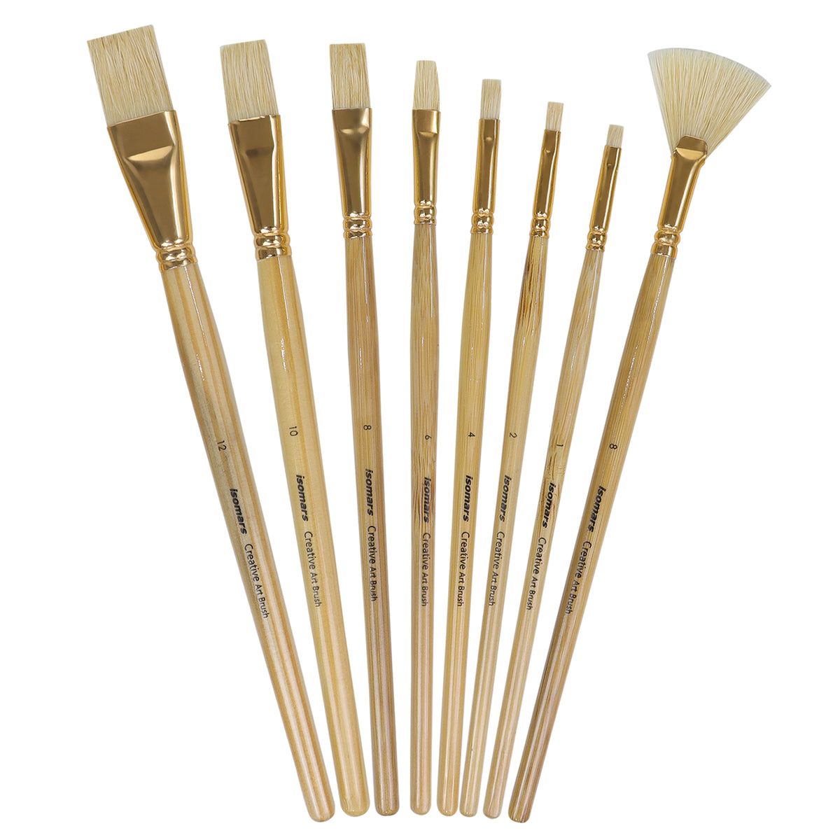 Isomars Flat Hog Hair Paint Brush Set of 8 with Fan Brush – Professional Long Handle Artist Brushes for Oil, Acrylic & Canvas Painting | Natural Bristles for Smooth, Even Strokes