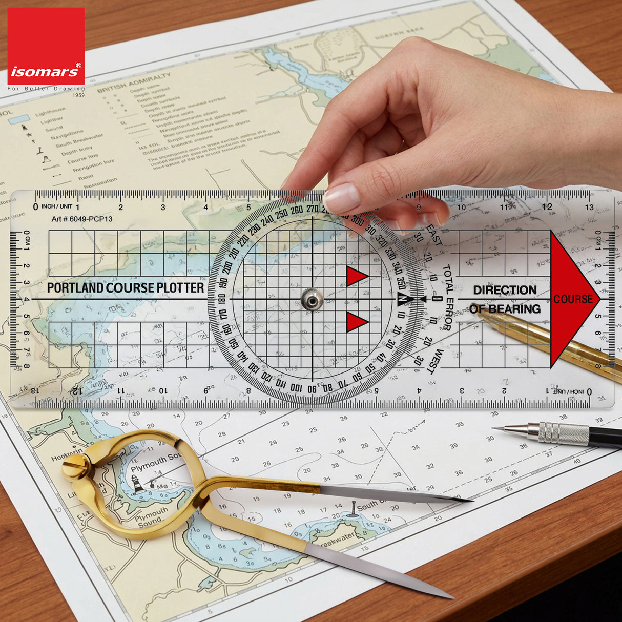 Isomars Marine navigation set with Portland course plotter and brass divider for accurate chart plotting and distance transfer