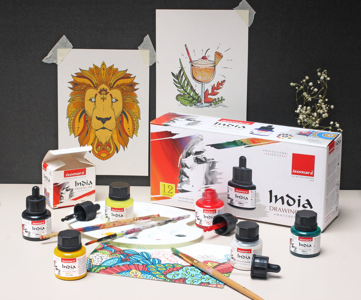 Isomars Waterproof Drawing Ink Set of 12 – 35ml Each (with Dropper) | Suitable for Calligraphy, Art, Technical Drawing, Airbrush Art, Illustration | Fade-Resistant & Quick-Drying