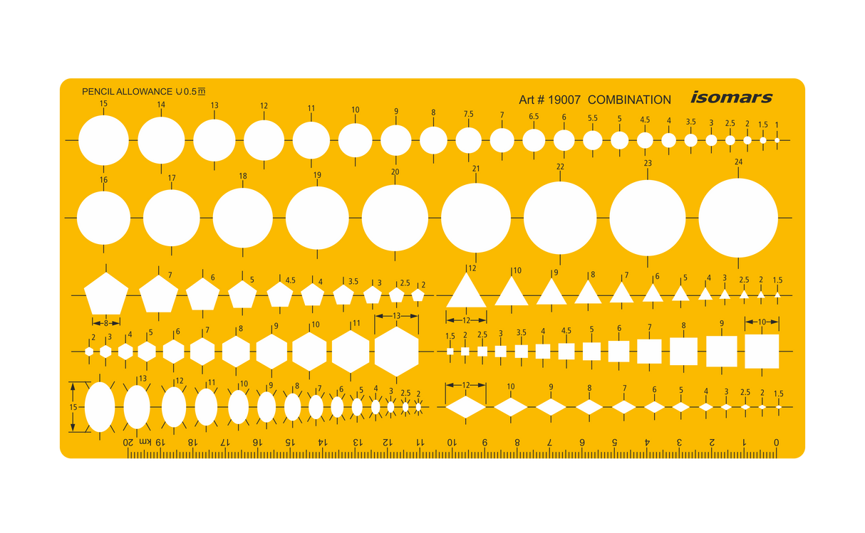 Isomars Pencil Allowance Gauge, Professional Drawing Template, Combination, Yellow Plastic Measuring Tool