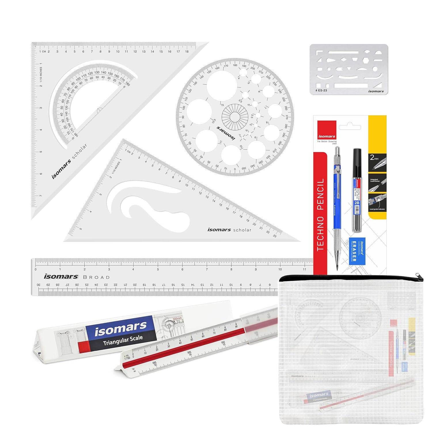 Isomars Student Drafting Kit – 7-Piece Engineering Drawing Set with Compass, Scale, Set Squares, Protractor & Protective Carry Pouch – Ideal for Architecture & Engineering Students