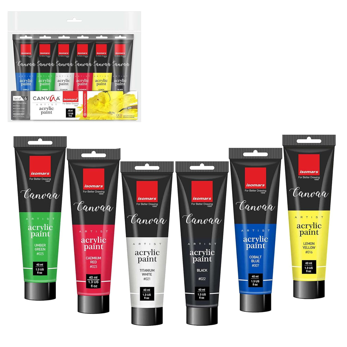 Isomars Canvaa Acrylic Paint 40ml - Set of 6 Vibrant Pigmented & Fadeproof Colors - ARTIST SERIES - For Canvas Painting, Scrap Book, Paper Board, Wood & Terracotta