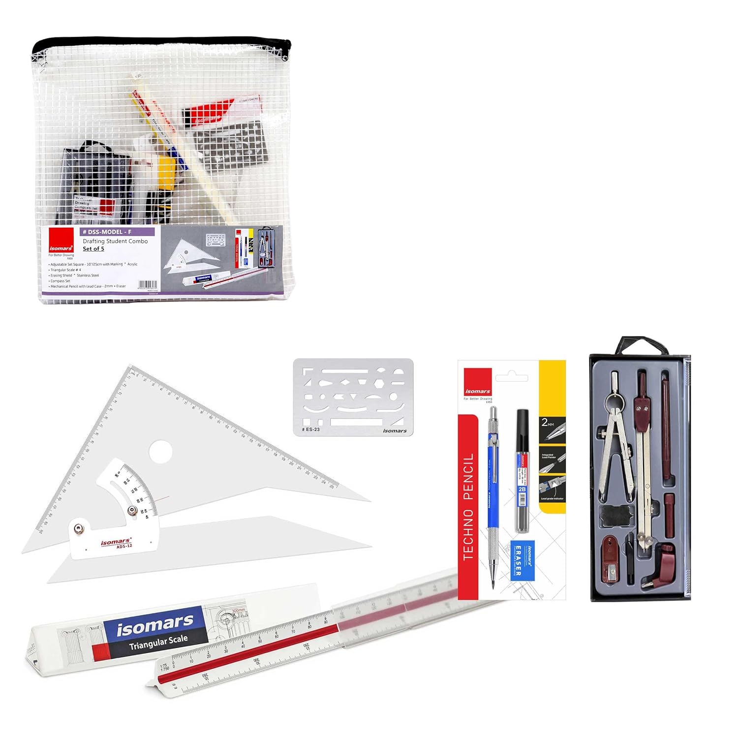 Isomars Student Drafting Kit – 5-Piece Engineering Drawing Set with Compass, Scale, Set Squares, Protractor & Protective Carry Pouch – Ideal for Architecture & Engineering Students - Model F