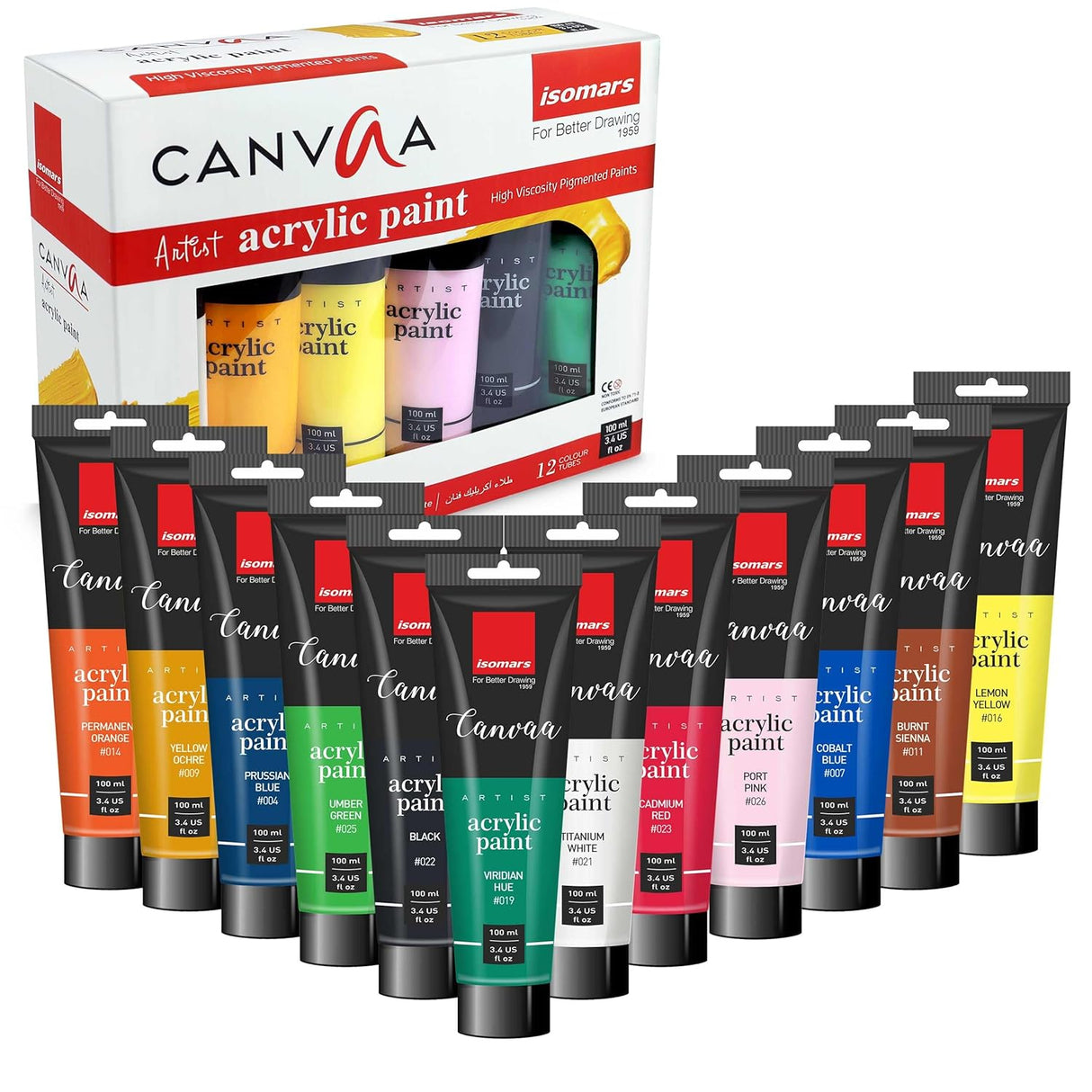 Isomars Canvaa Acrylic Paint 100ml - Set of 12 Vibrant Pigmented & Fadeproof Colors - ARTIST SERIES - For Canvas Painting, Scrap Book, Paper Board, Wood & Terracotta