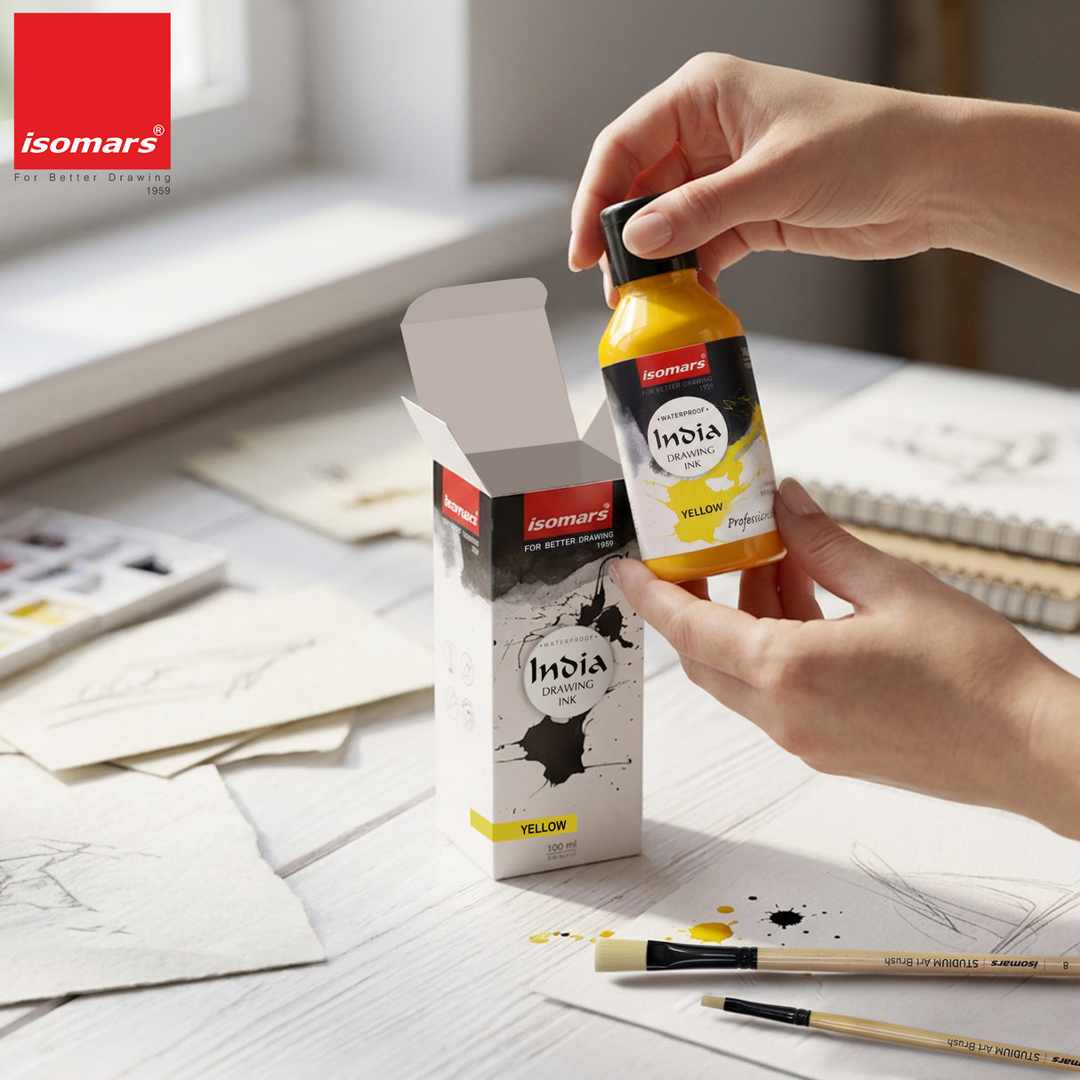 India Waterproof Drawing Ink Yellow 100ml | Permanent Lightfast Artist Ink for Calligraphy, Airbrush, Illustration & Fabric Painting