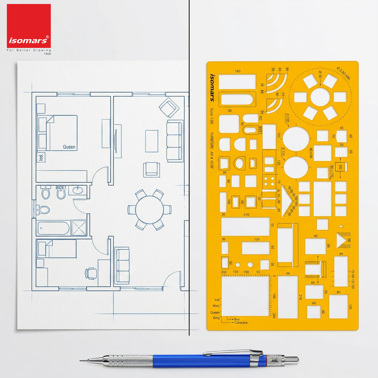 Isomars Architect Furniture Template Scale 1:50 | Professional Interior Design & Furniture Layout Drafting Stencil | Transparent Drawing Template for Architects, Interior Designers, Engineers & Students
