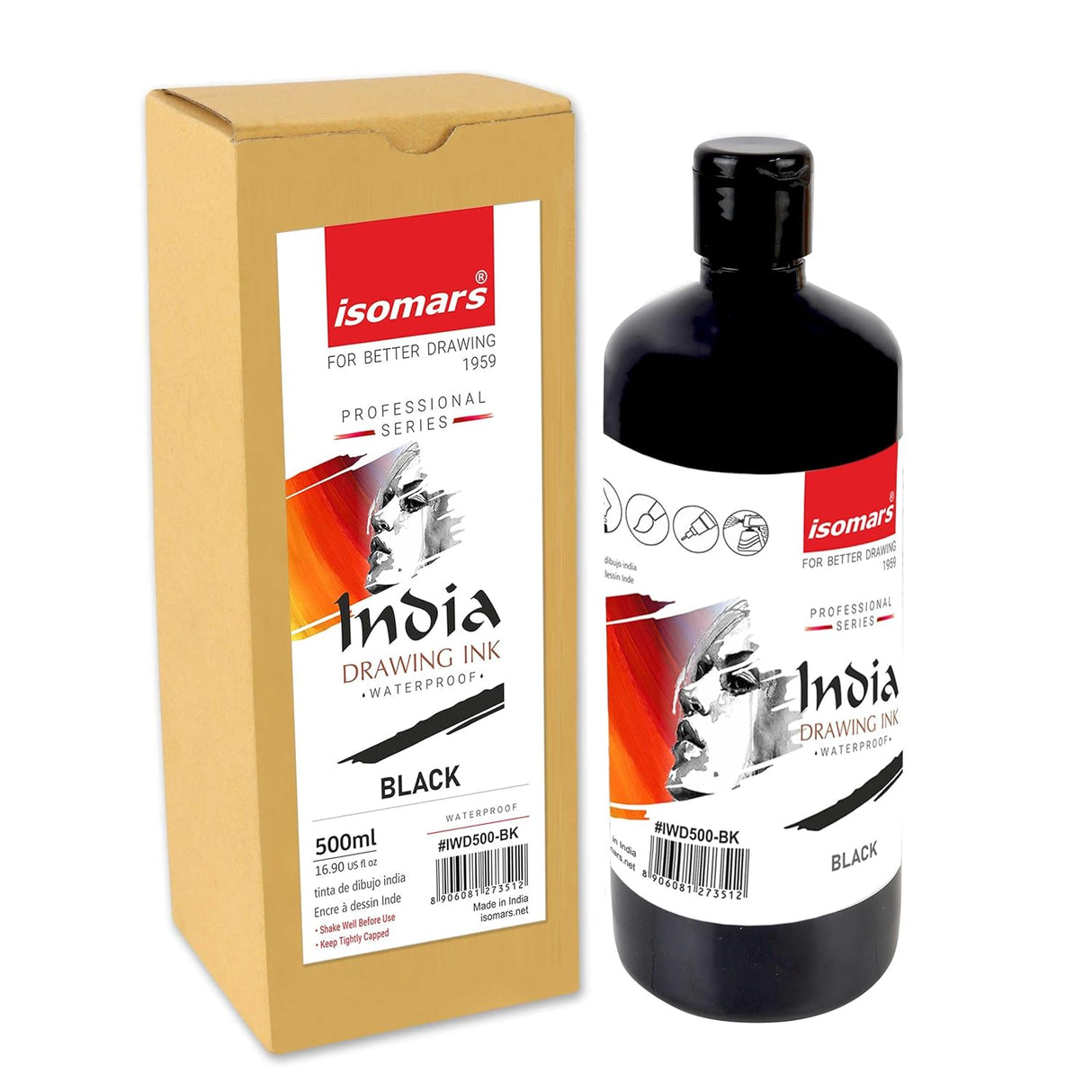 Isomars India Waterproof Drawing Ink - Black - 500ML Bottled Ink, for Paper Board, Canvas,Fabric and Wood Ideal for Designers, Airbrush Artists, Illustrators, Fine Artists and Craft and Hobbyists.