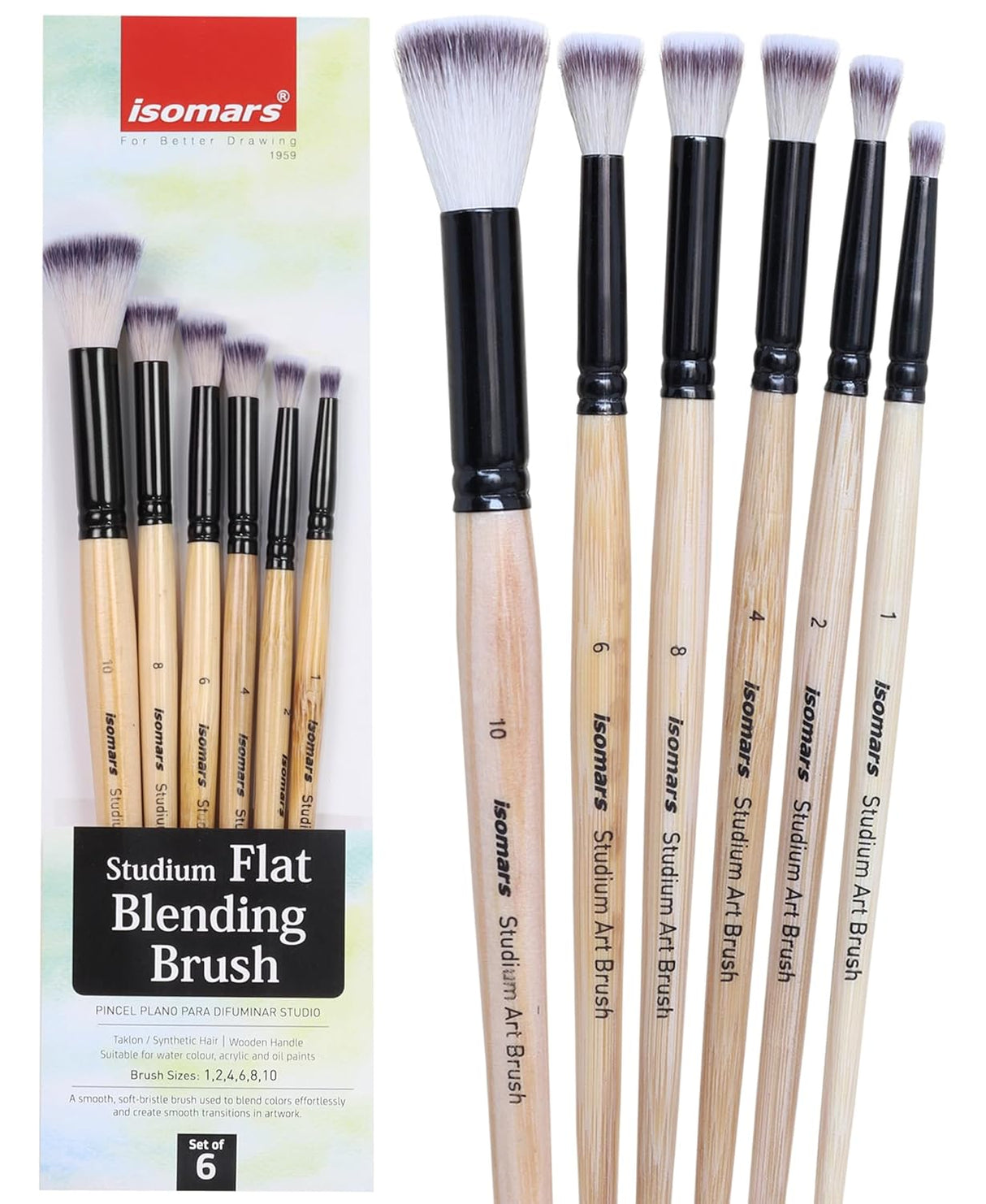 Isomars Studium Flat Blending Brush Set of 6 for Artists – Professional Paint Brushes for Blending & Smooth Transitions – Ideal for Watercolor, Acrylic & Oil Painting – Sizes 1, 2, 4, 6, 8, 10