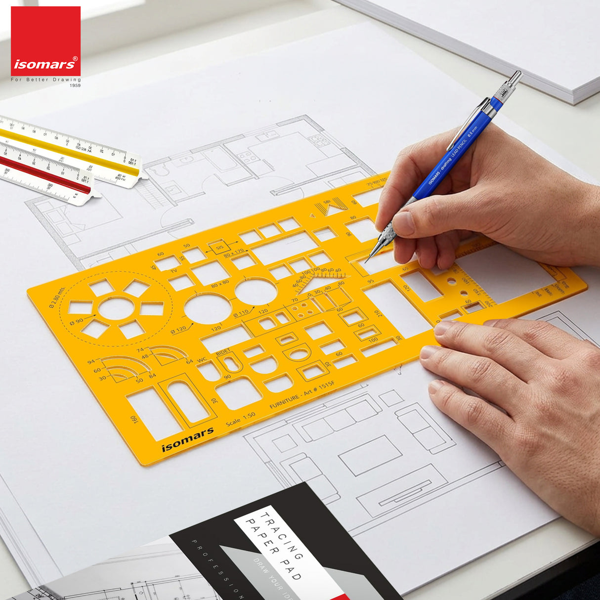 Isomars Architect Furniture Template Scale 1:50 | Professional Interior Design & Furniture Layout Drafting Stencil | Transparent Drawing Template for Architects, Interior Designers, Engineers & Students
