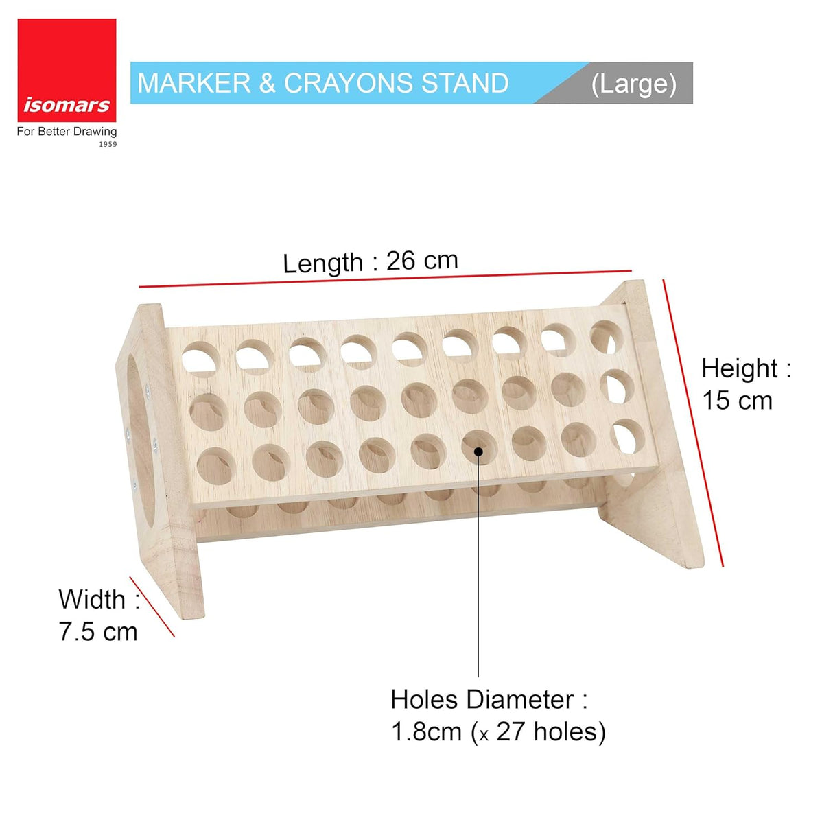 Isomars Wooden Marker, Crayon & Pen Stand – 27-Hole Organizer Rack (26 x 7.5 cm) – Ideal for Artists, Students & Hobbyists