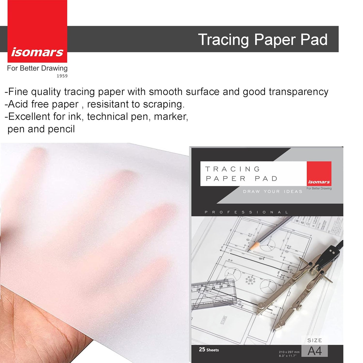 Isomars Drawing & Drafting Kit with 18.5" x 25" Drawing Board Drafting Board, Engineering Template, Pencil, Compass Set, T-Scale-24 Set Square Tracing Paper Pad-A4 Pro-Circle & Rolling Ruler