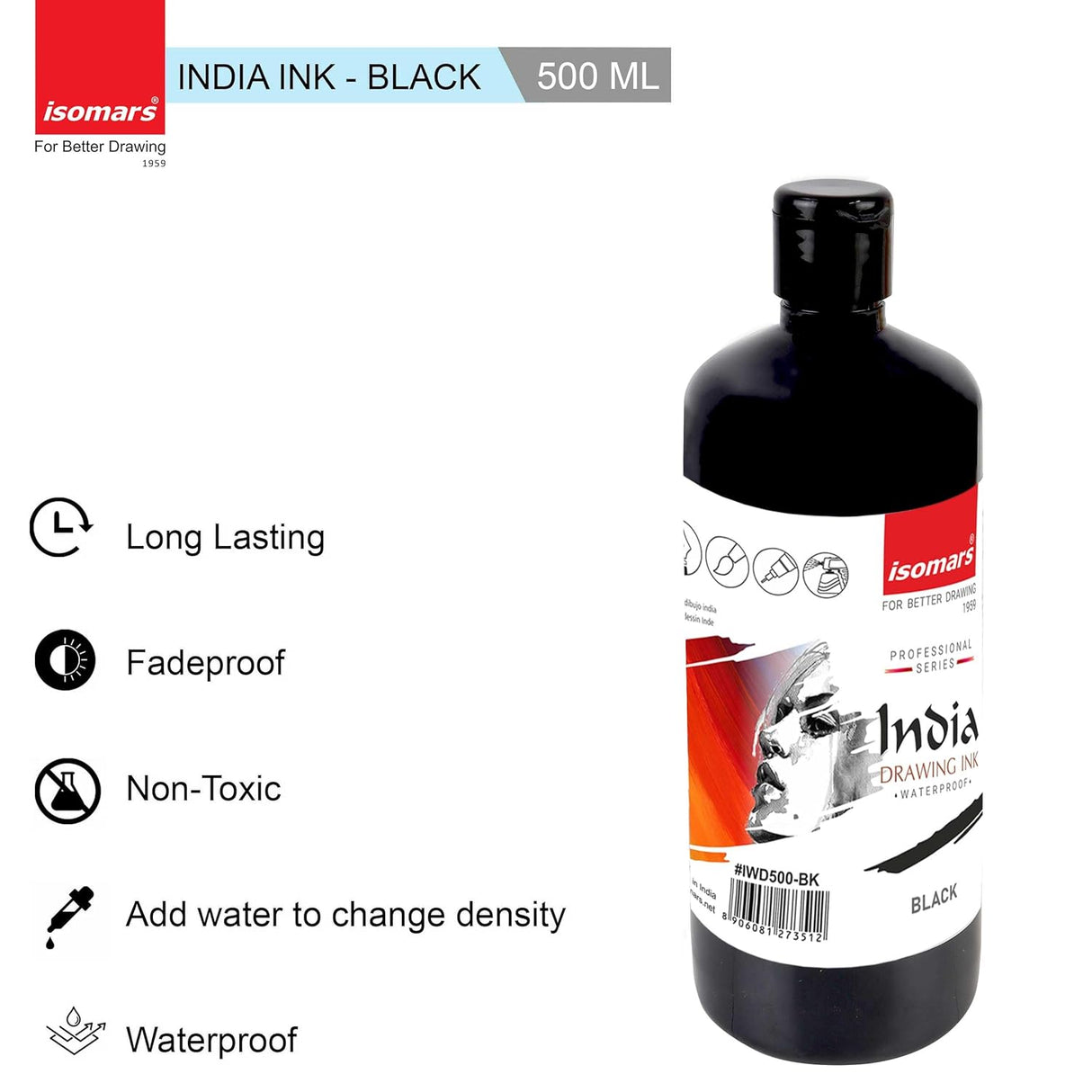 Isomars India Waterproof Drawing Ink - Black - 500ML Bottled Ink, for Paper Board, Canvas,Fabric and Wood Ideal for Designers, Airbrush Artists, Illustrators, Fine Artists and Craft and Hobbyists.