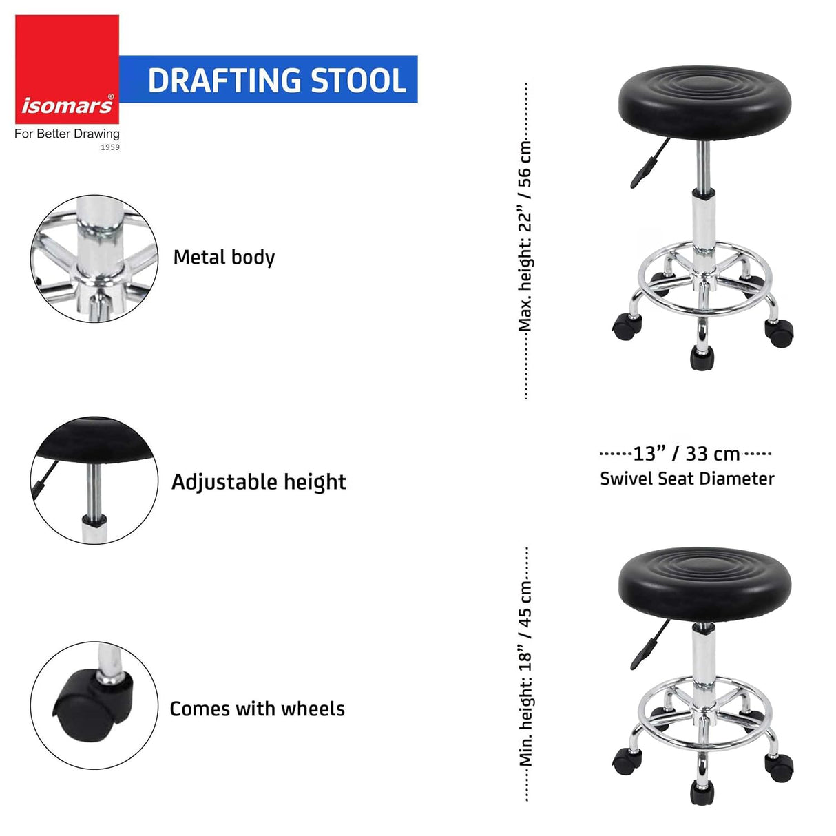 Isomars Drafting Table - Scholar with 25.5"x35" A1 Size Both Sides Laminated Board with Drafting Stool | Ergonomic & Fully Adjustable Set for Engineers, Architects, Designers & Draftsmen