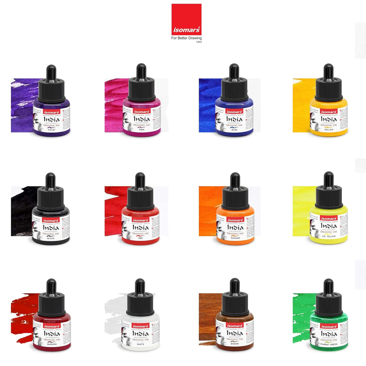 Isomars Waterproof Drawing Ink Set of 12 – 35ml Each (with Dropper) | Suitable for Calligraphy, Art, Technical Drawing, Airbrush Art, Illustration | Fade-Resistant & Quick-Drying