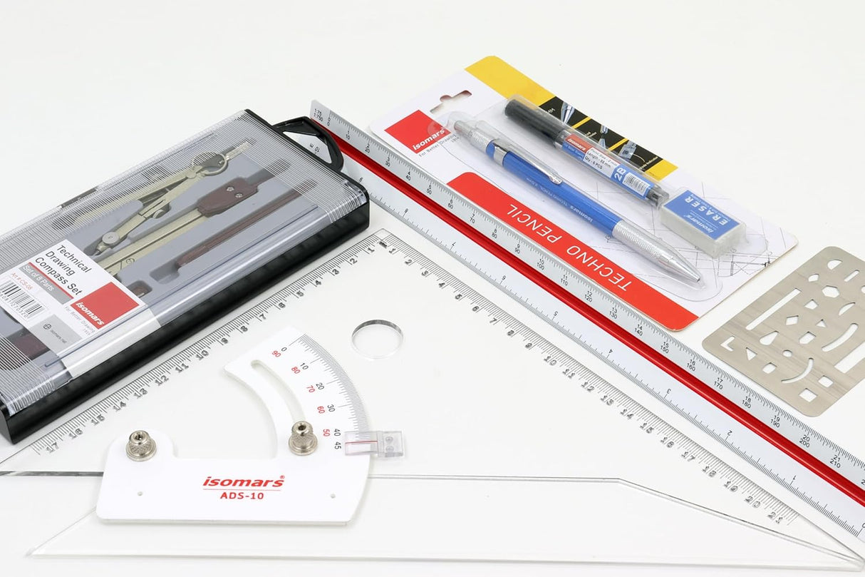 Isomars Student Drafting Kit – 5-Piece Engineering Drawing Set with Compass, Scale, Set Squares, Protractor & Protective Carry Pouch – Ideal for Architecture & Engineering Students - Model F
