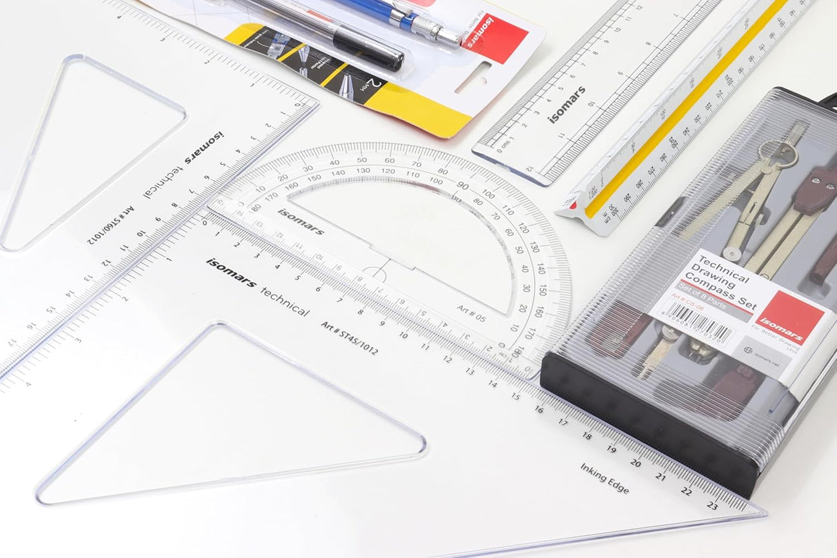 Isomars Student Drafting Kit – 7-Piece Engineering Drawing Set with Compass, Scale, Set Squares, Protractor & Protective Carry Pouch – Ideal for Architecture & Engineering Students