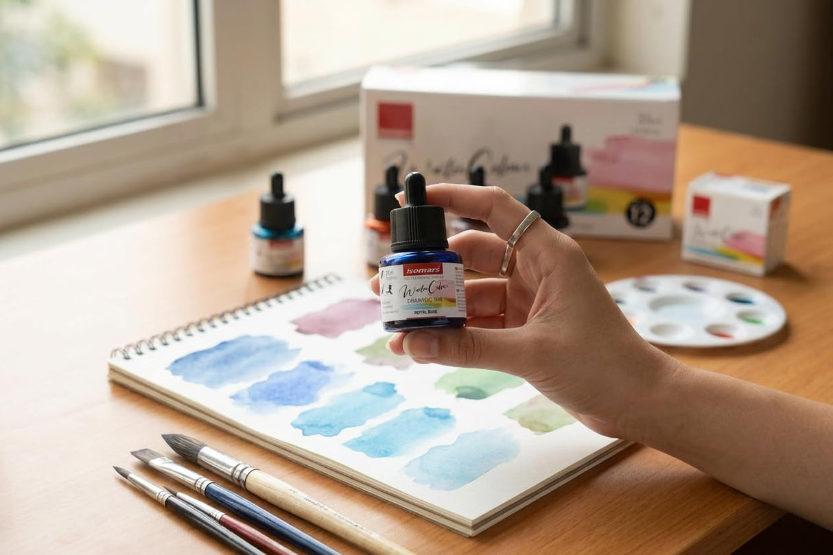 Isomars Water Color Ink Set of 12 Vibrant Professional Liquid Watercolors (35ml Bottles) with Droppers - Transparent Inks for Calligraphy, Illustration, Airbrushing & Painting