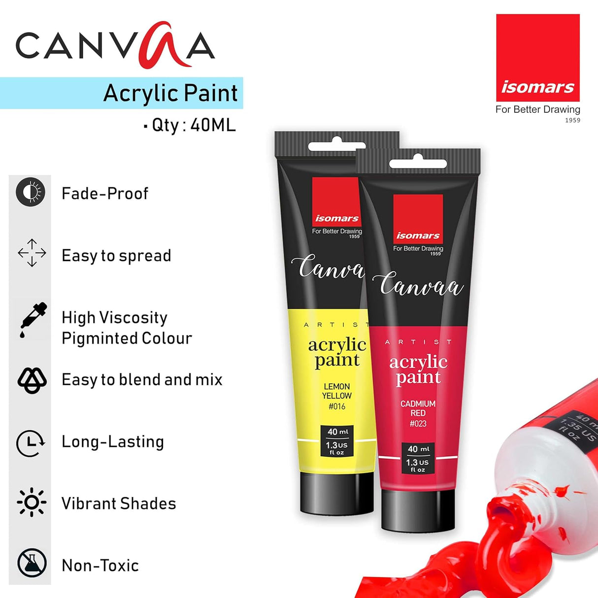 Isomars Canvaa Acrylic Paint 100ml - Set of 12 Vibrant Pigmented & Fadeproof Colors - ARTIST SERIES - For Canvas Painting, Scrap Book, Paper Board, Wood & Terracotta