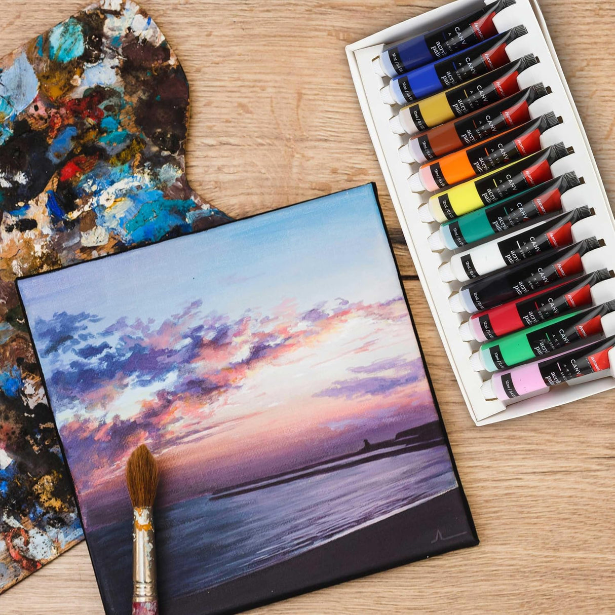 Isomars Acrylic Paint 12ml - Set of 12 Vibrant Pigminted & Fadeproof Colours 4 - Includes Round Canvaa Brush - Set of 4 ARTIST SERIES - For Canvas Painting, Scrap Book, Paper Board, Wood & Terracotta