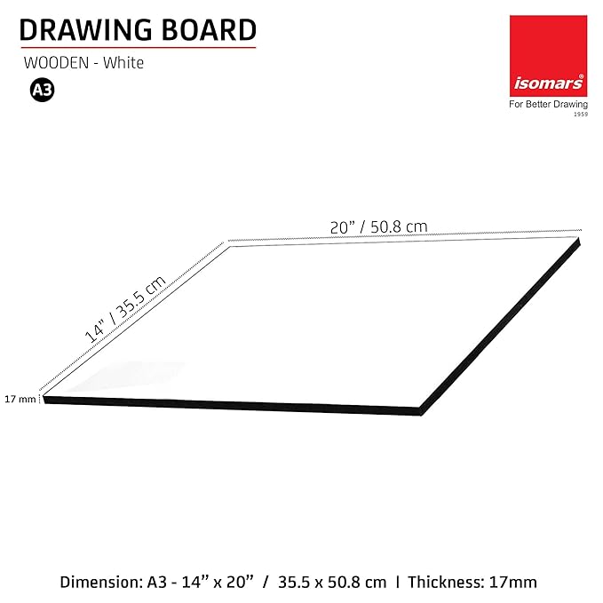 Isomars Drawing Both Side Laminated White Board - Full Imperial A3 (14x20 Inch) Size Board – for Artists, Architects, Engineers, Draftsmen Etc. (A3-White)