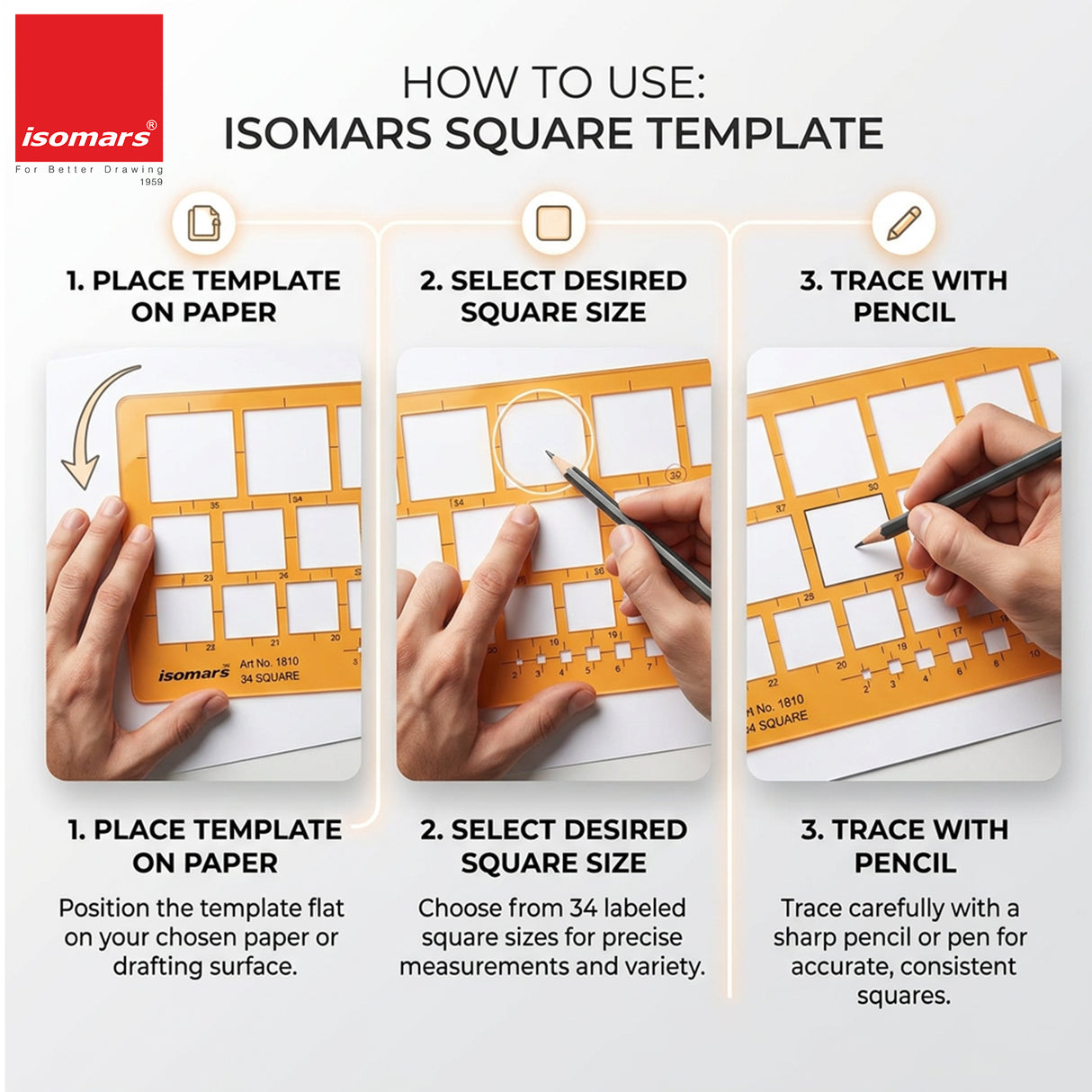 Isomars Square Template Drawing Stencil | Precision Geometric Square Drafting Template with 34 Square Sizes | Technical Drawing Tool for Architects, Engineers, Designers, Artists & Students