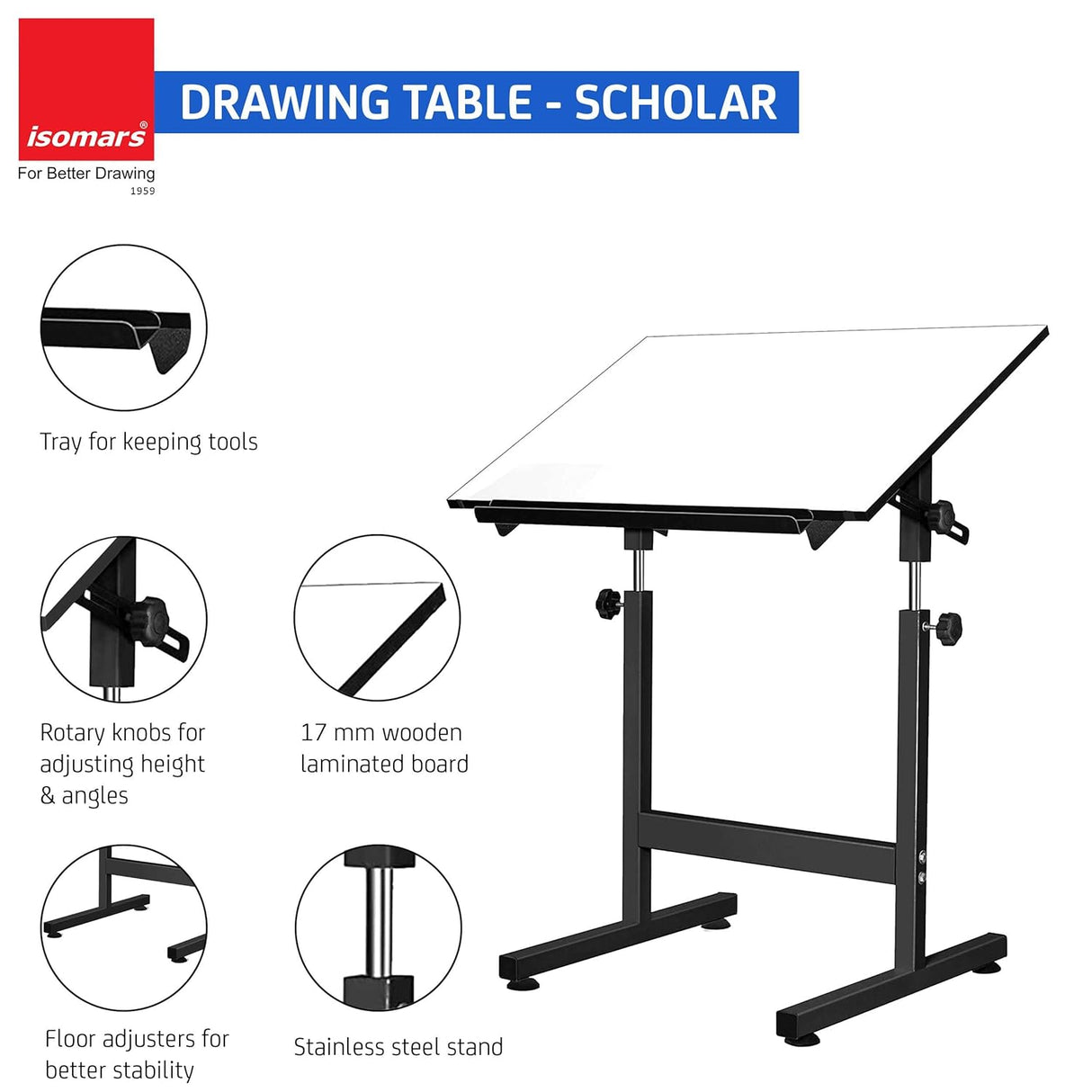 Isomars Drafting Table - Scholar with 25.5"x35" A1 Size Both Sides Laminated Board with Drafting Stool | Ergonomic & Fully Adjustable Set for Engineers, Architects, Designers & Draftsmen