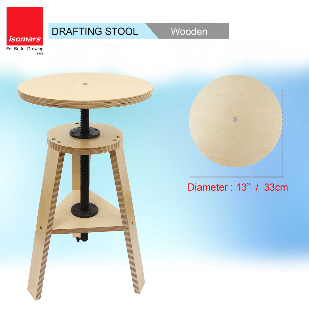Isomars Wooden Drafting Stool, Height Adjustable 51-69 cm, Round Top with 33 cm Diameter, Artist Drawing Table Seat