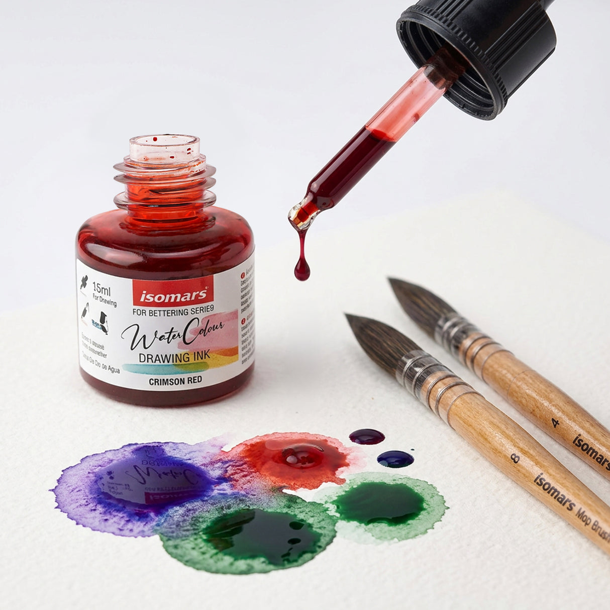 Isomars Watercolour Drawing Ink Set of 12 (35ml Each) with Mop Brush Set of 4 | Vibrant Liquid Watercolor Inks for Calligraphy, Illustration, Airbrush, Painting & Mixed Media Art