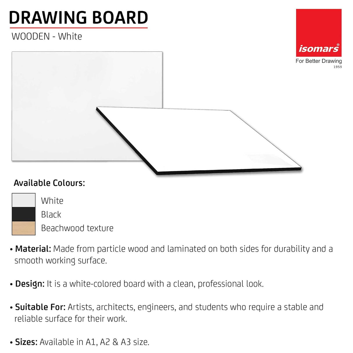 Isomars Drawing Both Side Laminated White Board - Full Imperial A2 (18.5 x 25.5 Inch) Size Board – for Artists, Architects, Engineers, Draftsmen Etc.