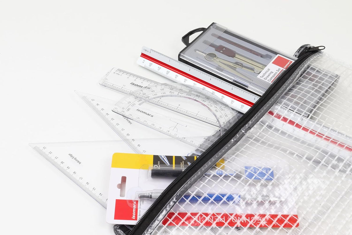 Isomars Student Drafting Kit – 7-Piece Engineering Drawing Set with Compass, Scale, Set Squares, Protractor & Protective Carry Pouch – Ideal for Architecture & Engineering Students