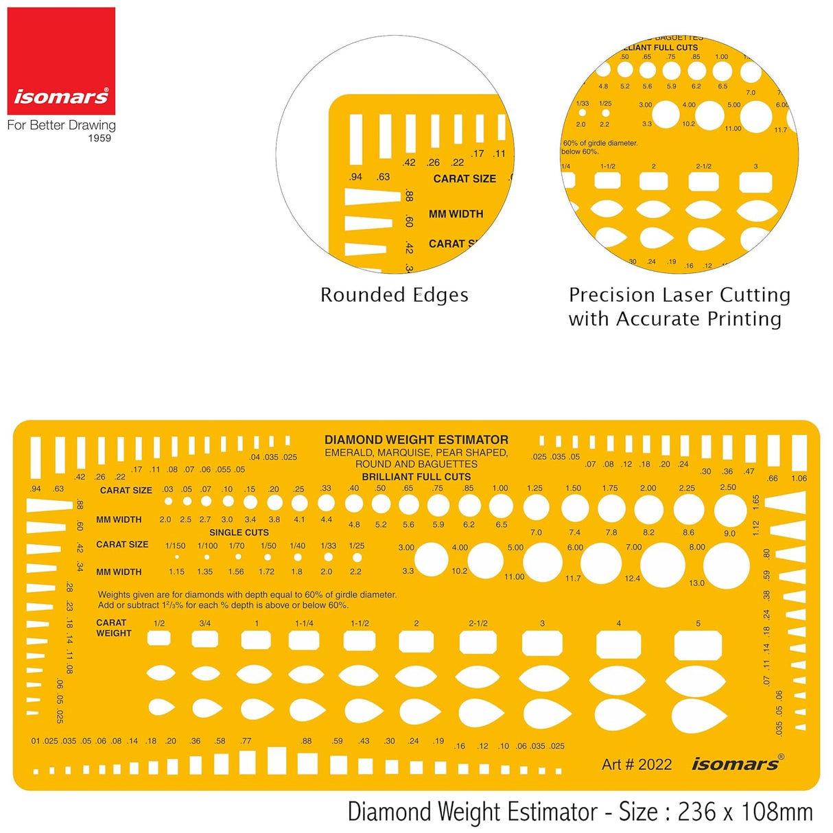 Isomars Diamond Weight Estimator with Multiple Cut Jewelry Design Drawing Drafting Template Stencil - 236 x 108mm