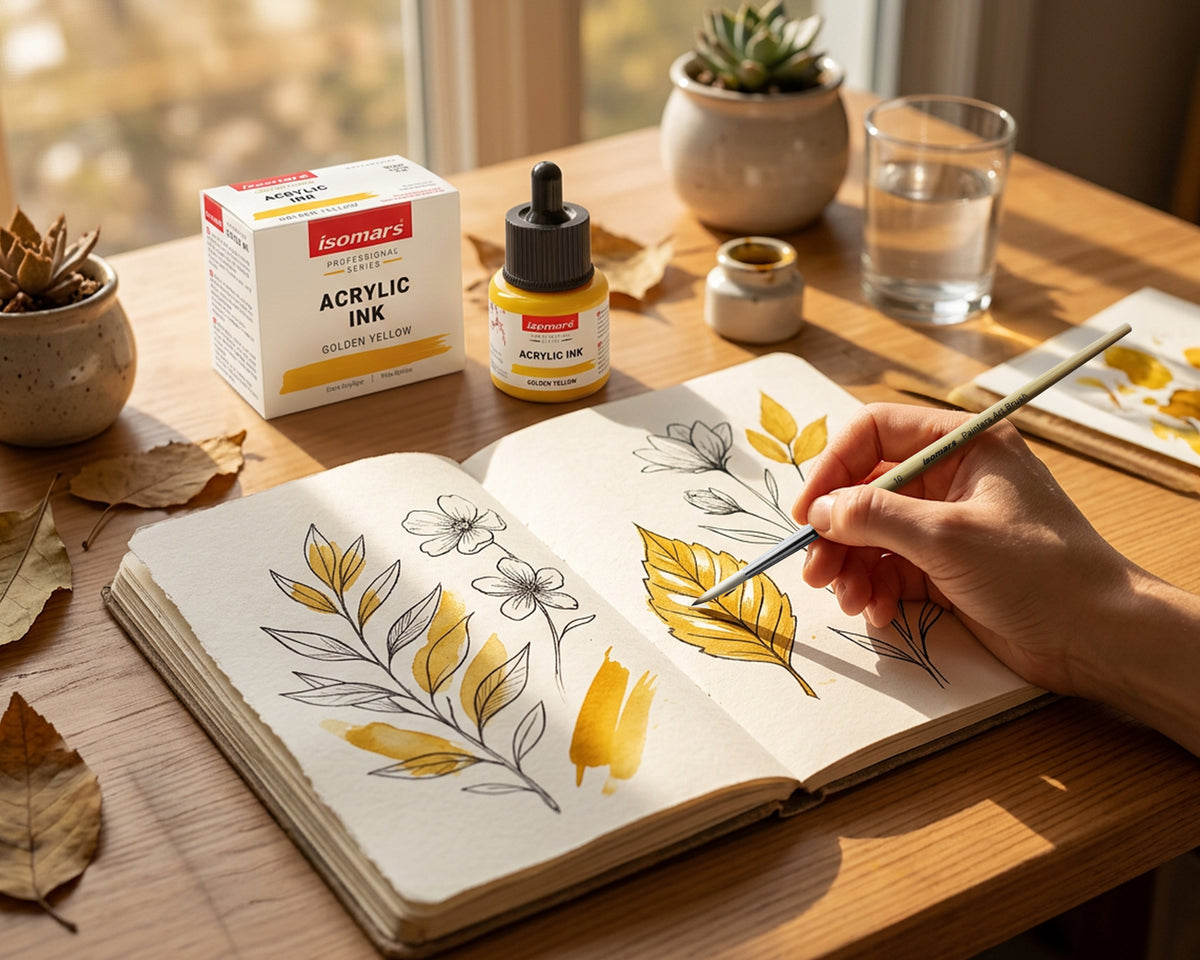 Isomars Professional Acrylic Ink Golden Yellow 35 ml, Waterproof Dropper