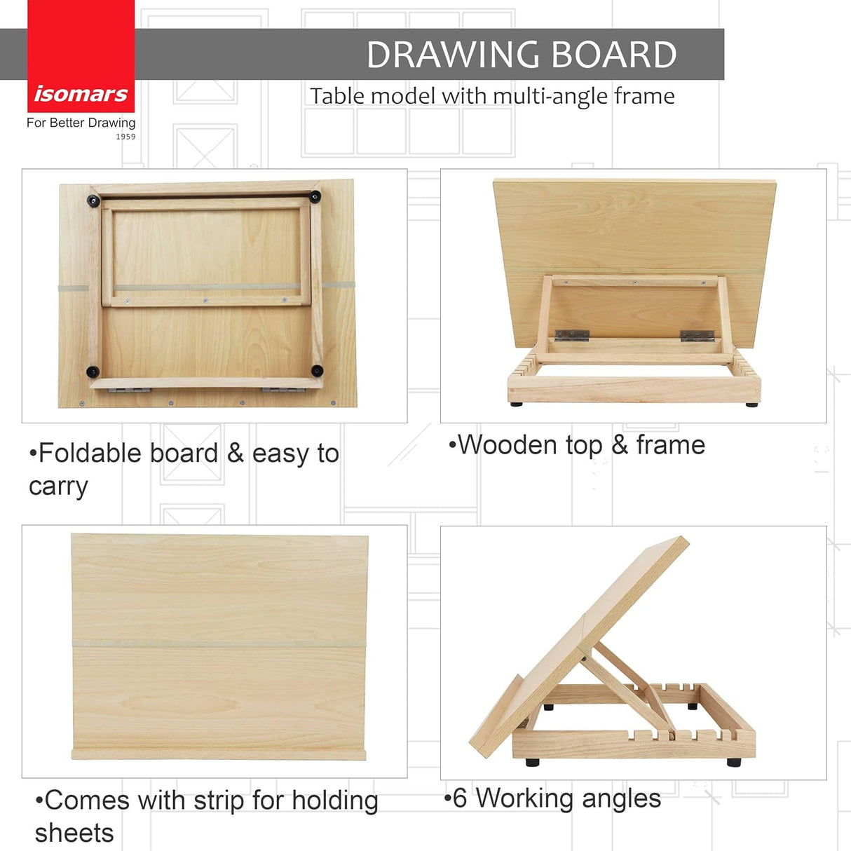 Isomars Drawing Board - Table Model - with 6 Different Working Angles - Drawing & Drafting Board with Elastic Support - A3