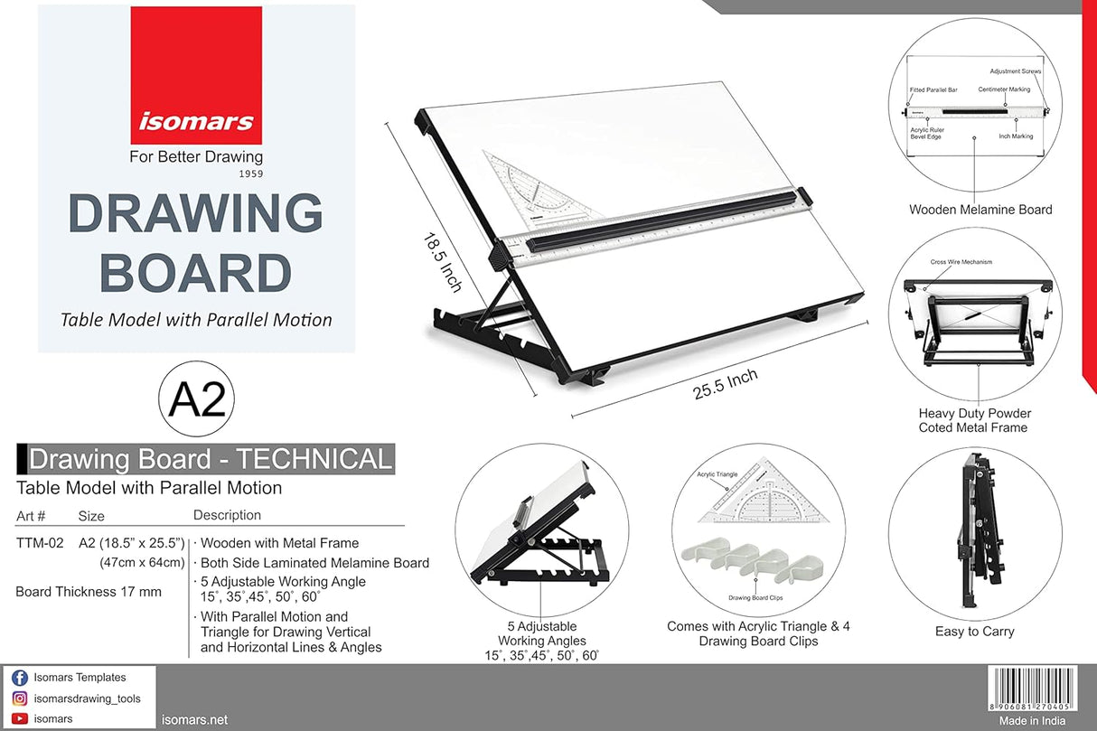 Isomars A2 Drawing Board Table Model Kit (Set of 10) - Comes with 18.5" x 25" Drawing & Drafting Board Ideal for Architects, Engineers, Designers & Artists Students and Professionals