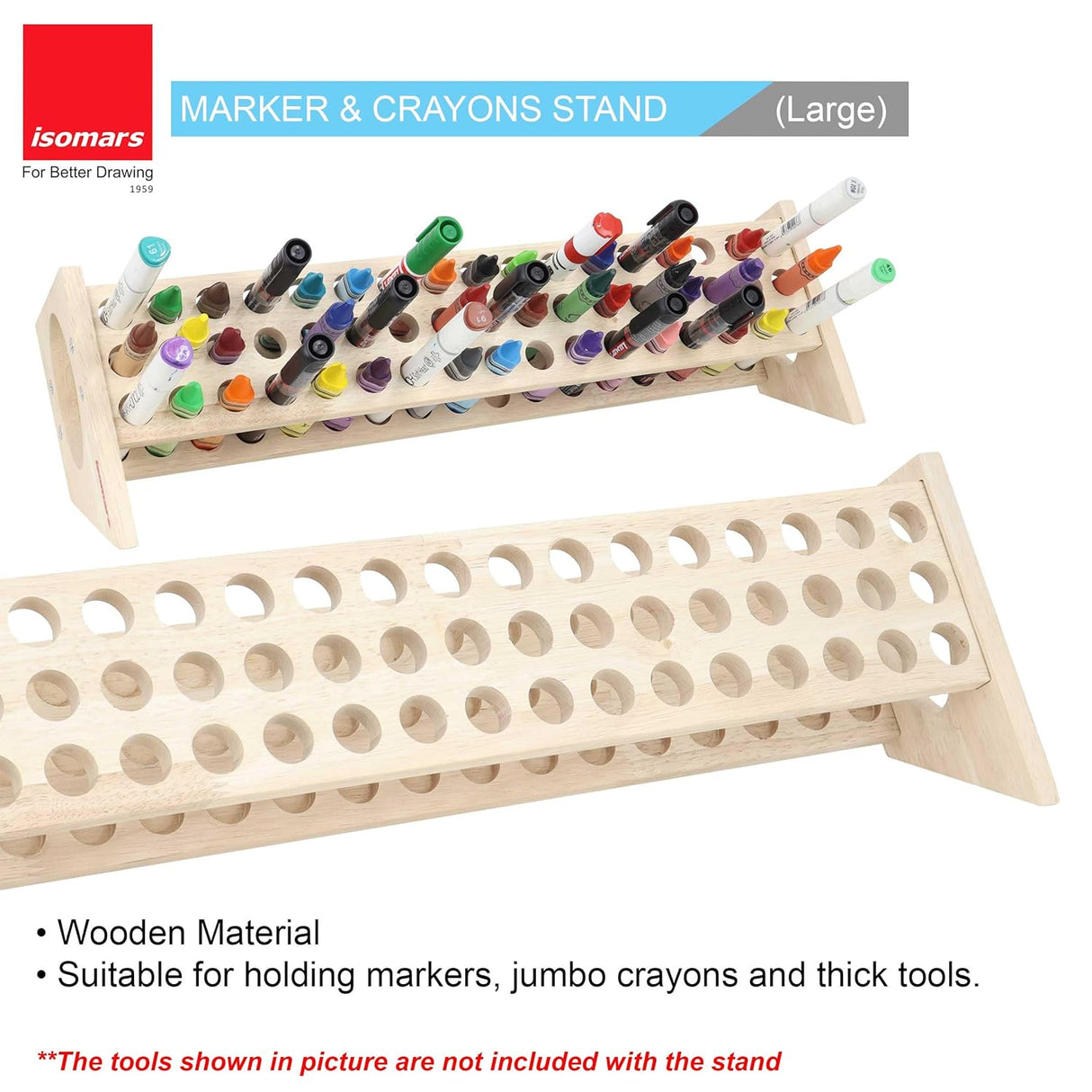Isomars Wooden Marker, Crayon & Pen Stand – 51-Hole Organizer Rack (46 x 8 cm) – Ideal for Artists, Students & Hobbyists