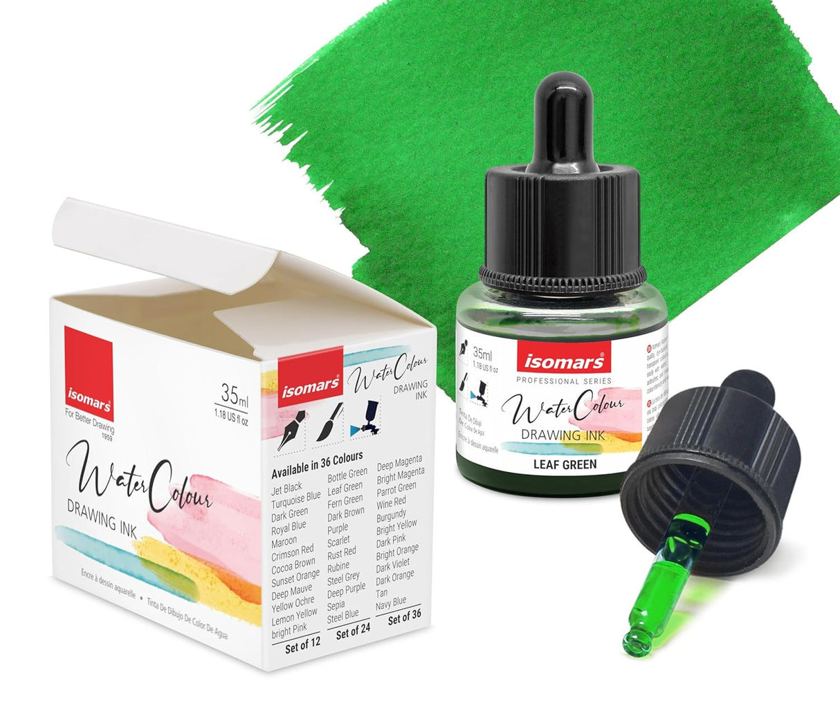 Isomars Water Color Ink Set of 12 Vibrant Professional Liquid Watercolors (35ml Bottles) with Droppers - Transparent Inks for Calligraphy, Illustration, Airbrushing & Painting