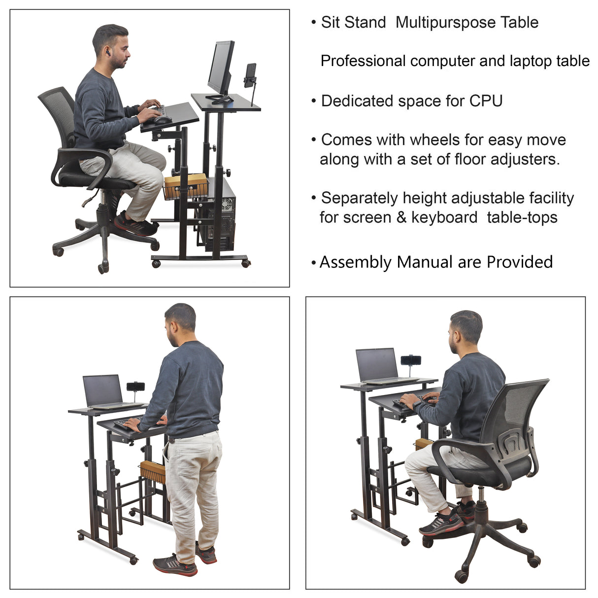 Isomars 24"/61cm Wide Made In India Desktop & Laptop Multipurpose Adjustable Table & Computer Workstation - Useful for Using Gadgets Like Desktop, Laptop etc (Black)