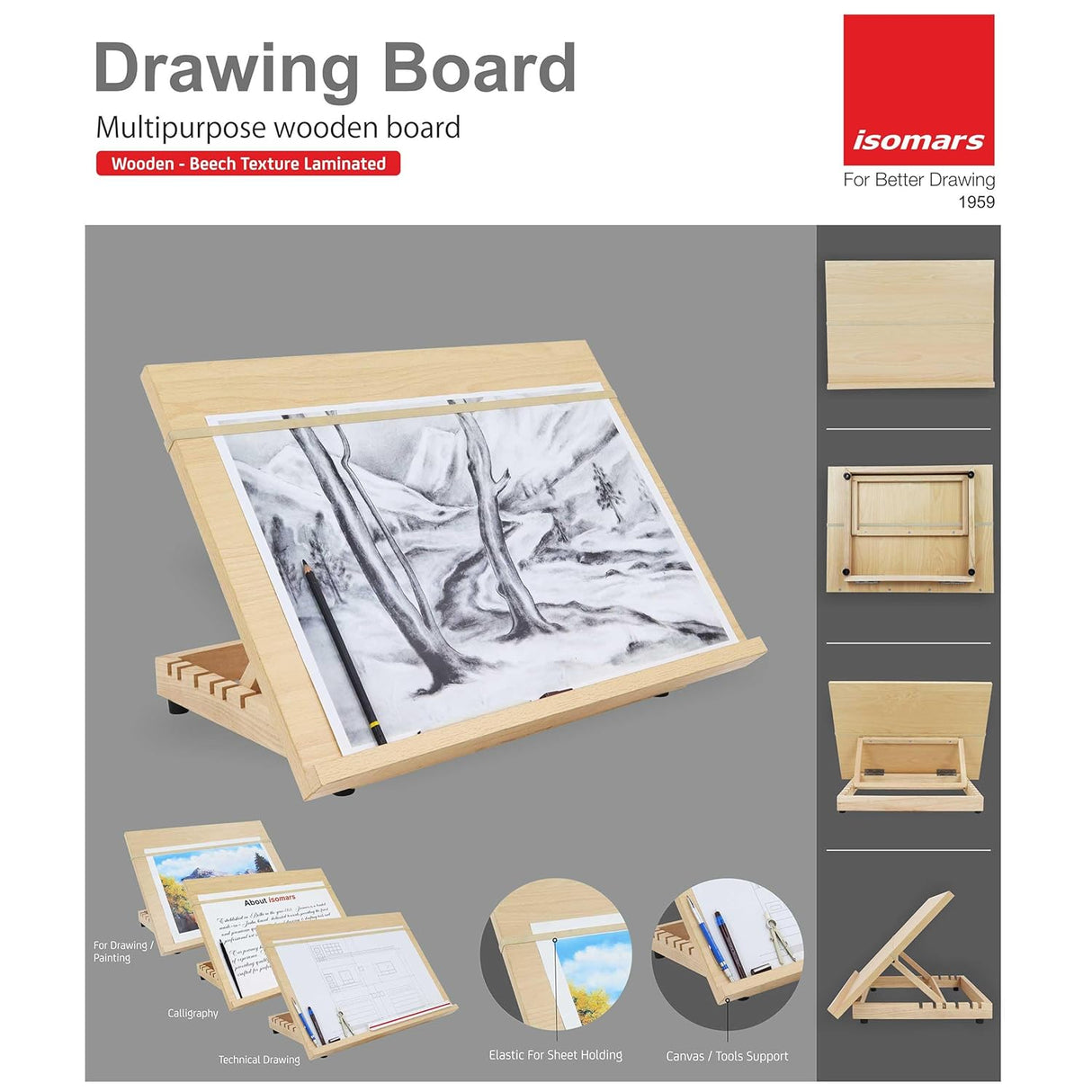 Isomars Drawing Board - Table Model - with 6 Different Working Angles - Drawing & Drafting Board with Elastic Support - A3