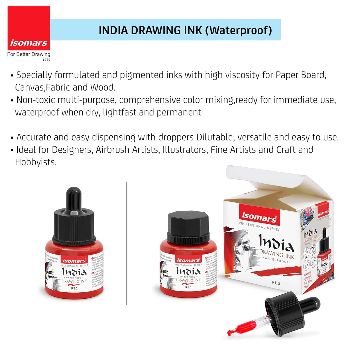 Isomars Waterproof Drawing Ink Set of 12 – 35ml Each (with Dropper) | Suitable for Calligraphy, Art, Technical Drawing, Airbrush Art, Illustration | Fade-Resistant & Quick-Drying