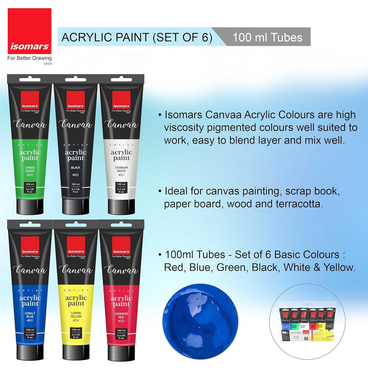 Isomars Canvaa Acrylic Paint 100ml - Set of 6 Vibrant Pigmented & Fadeproof Colors - ARTIST SERIES - For Canvas Painting, Scrap Book, Paper Board, Wood & Terracotta