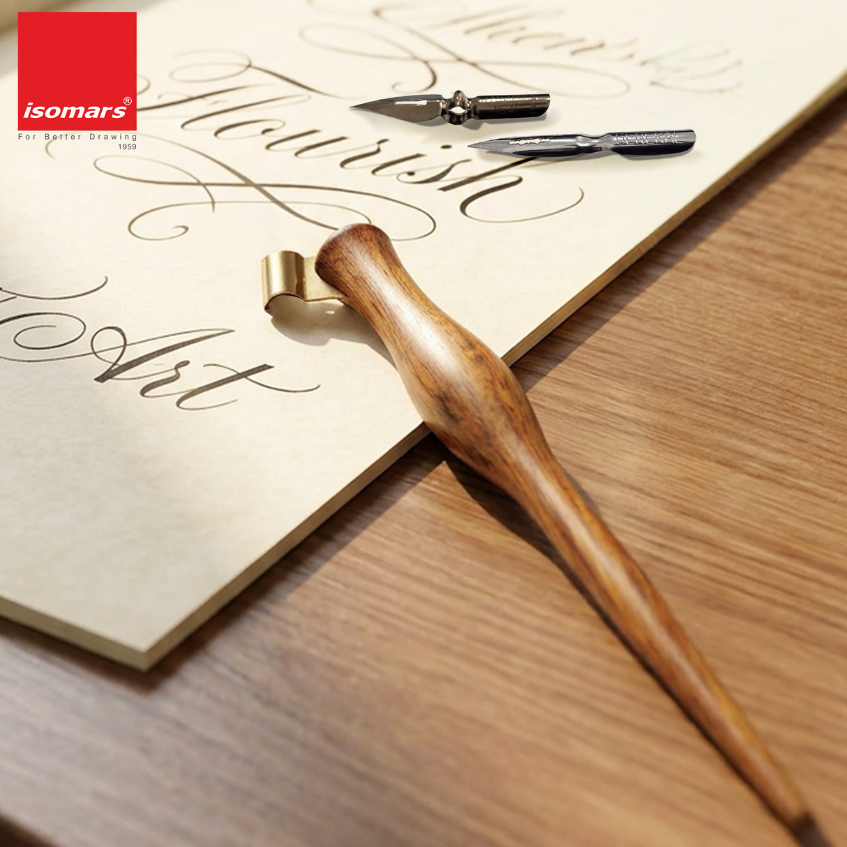 Isomars Calligraphy Holder For Copperplate Calligraphy with 2 Flex Nibs, Rose Wood Holder with Brass Flange
