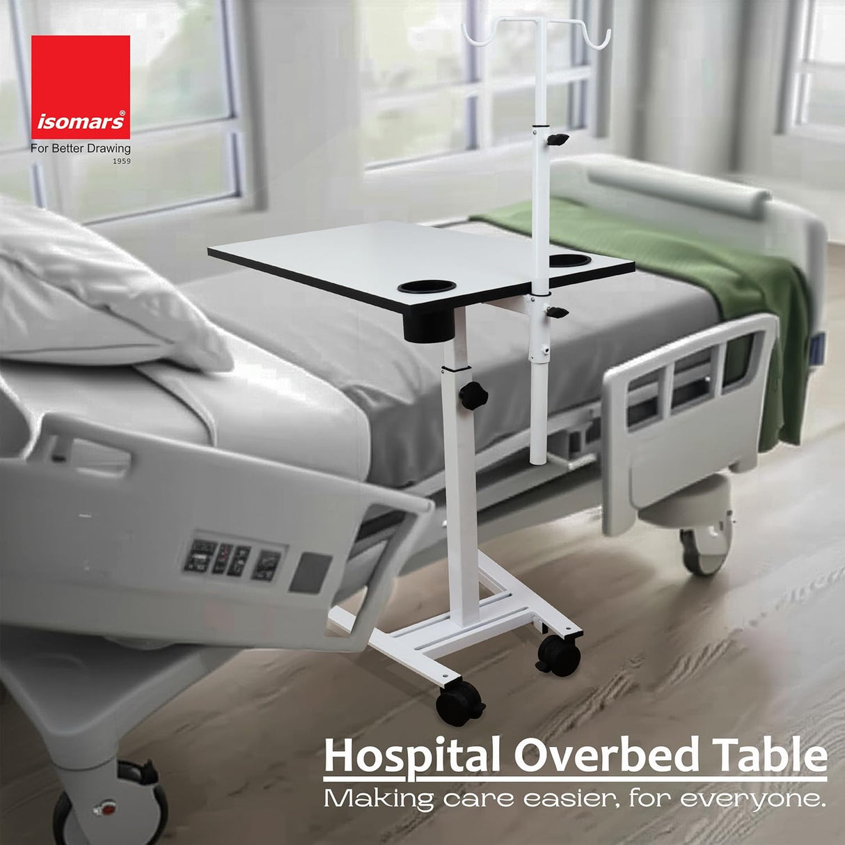 Isomars Overbed Table with Saline Stand | Adjustable Bedside Table with Wheels | Adjustable Height | Hospital Bedside Table with Lockable Wheels Best for Breakfast in Hospital and Home.