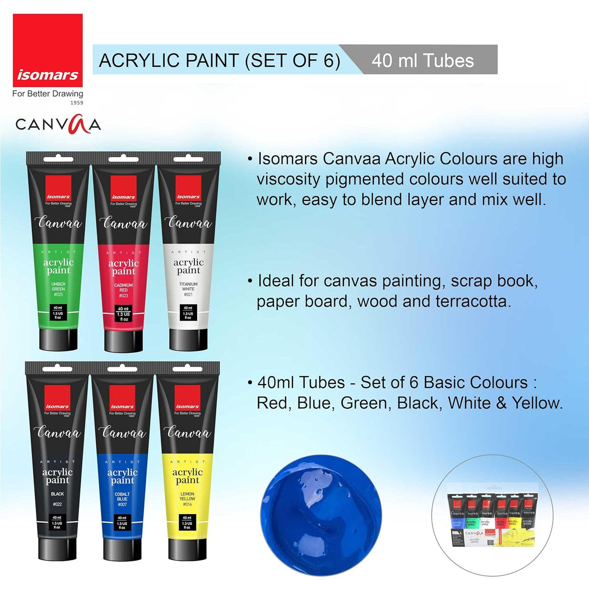 Isomars Canvaa Acrylic Paint 40ml - Set of 6 Vibrant Pigmented & Fadeproof Colors - ARTIST SERIES - For Canvas Painting, Scrap Book, Paper Board, Wood & Terracotta