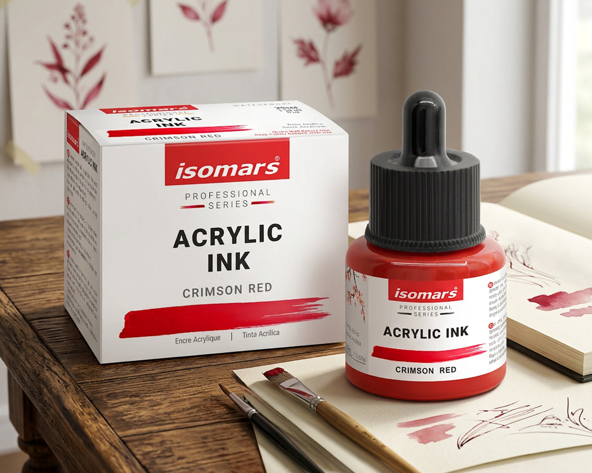 Isomars Professional Acrylic Ink Crimson Red 35 ml, Waterproof Dropper