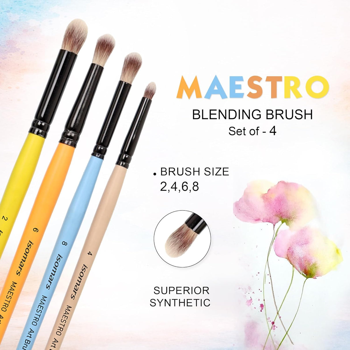 Isomars Maestro Blending Brush Set of 4 - Professional Round Artist Brushes for Soft Blending, Shading and Transitions - Colorful Wooden Handles - Sizes 2, 4, 6, 8