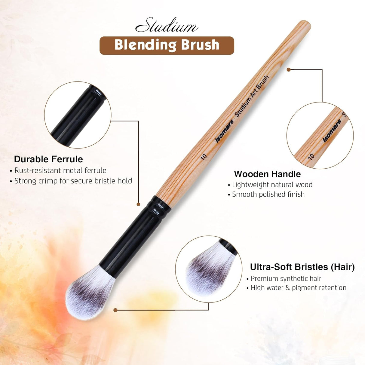 Isomars Blending Brush Studium - Set of 6 - Professional Artist Brushes for Soft Blending & Shading Ideal for Watercolor, Acrylic, Oil Painting and Ink Transitions - Sizes - 1,2,4,6,8,10