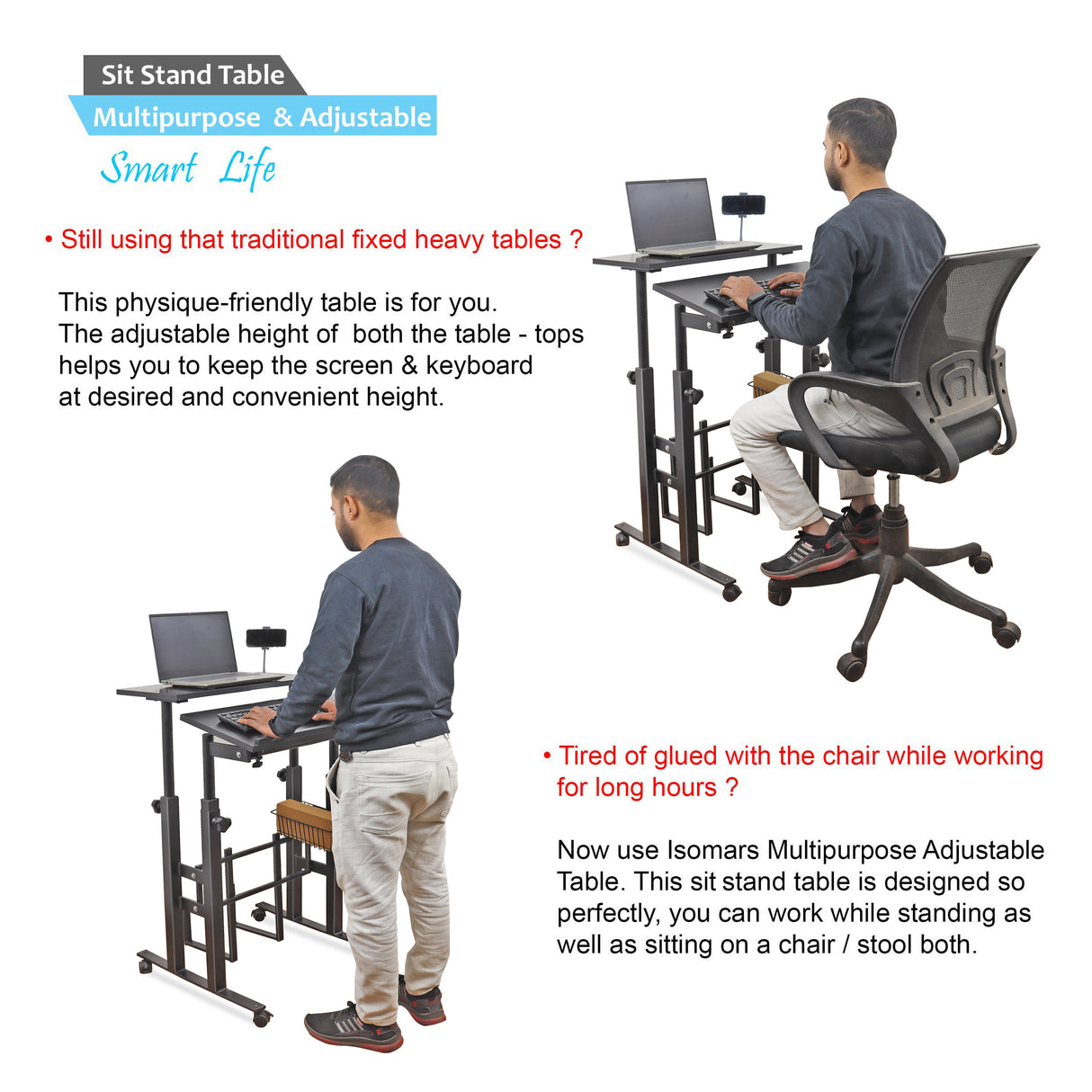Isomars 24"/61cm Wide Made In India Desktop & Laptop Multipurpose Adjustable Table & Computer Workstation - Useful for Using Gadgets Like Desktop, Laptop etc (Black)