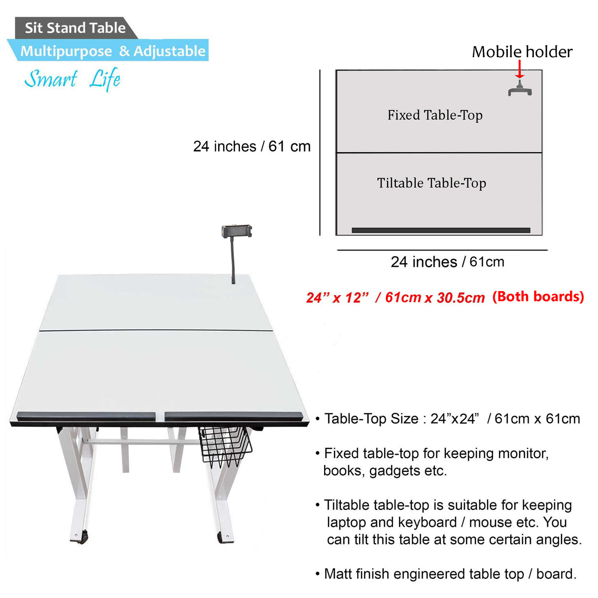 Isomars 24"/61cm Wide Made In India Desktop & Laptop Multipurpose Adjustable Table & Computer Workstation - Useful for Using Gadgets Like Desktop, Laptop, Tab/iPad etc (White)